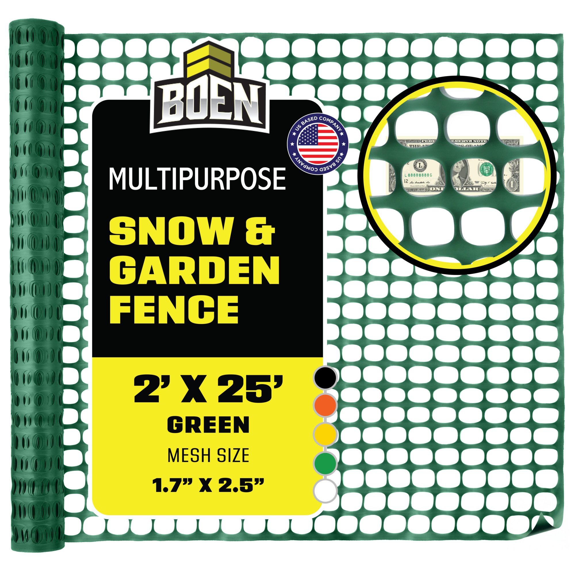 Boen Green Temporary Fencing 2 ft x 25 ft, Mesh Snow Fence, Plastic, Safety Garden Netting, Above Ground Barrier, for Deer, Kids, Swimming Pool, Silt, Lawn, Rabbits, Poultry, Dogs, Construction